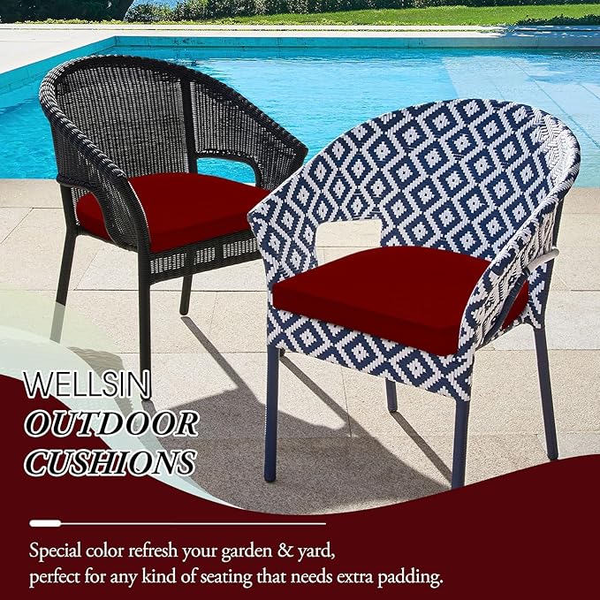 Wellsin Outdoor Chair Cushions for Patio Furniture - Patio Chair Cushions Set of 6 - Water Resistant Round Corner Outdoor Seat Cushions 17"X16"X2", Burgundy