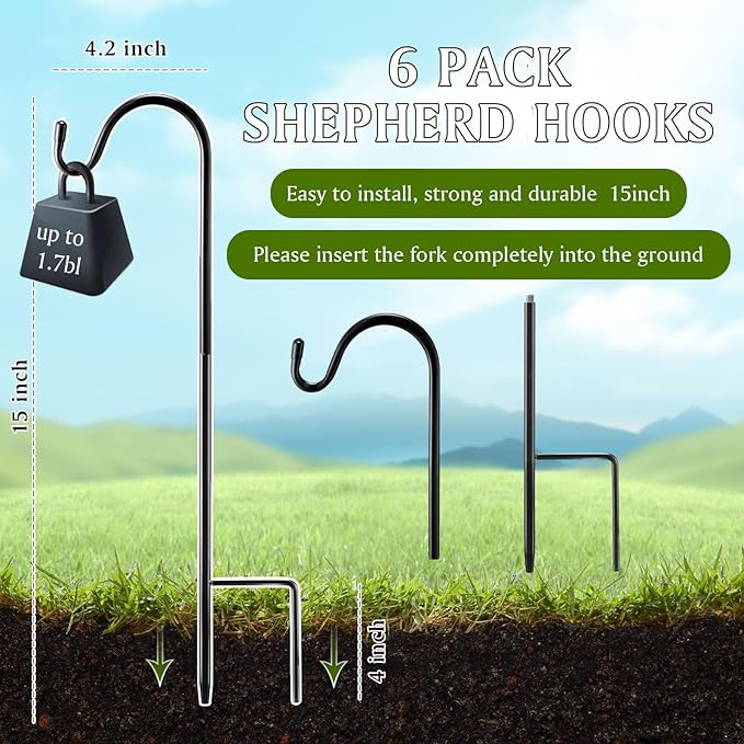6 Pcs 15 Inch Shepherds Hook for Outdoor Adjustable Bird Feeder Pole Metal Steel Shepard Hooks for Hummingbird Stand Feeder Pole for Garden Plant, Lantern, Hanging Wedding Decor