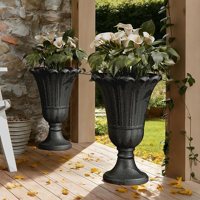 Tall Plastic Urn Planters for Outdoor Plants Set of 2-23.6" H Classic Petal Design Indoor Large Flower Pots with Drainage Holes, Outdoor Planters for Porch Decor/Garden Vase, Black