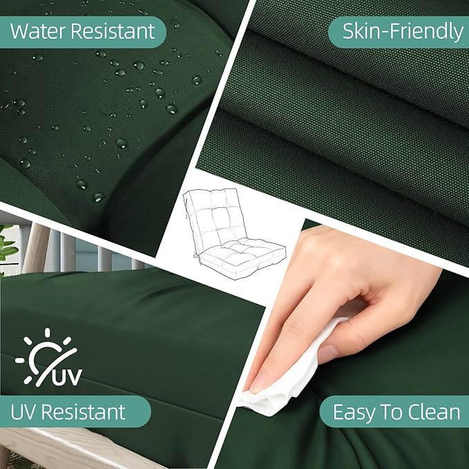 Outdoor Chair Cushion, 42x21x4 Inch Patio Cushions for Dining/Rocking Chairs, High Back Soft Seat Pad with Ties, Indoor Outside Use, Fade-Resistant & Waterproof, Dark Green