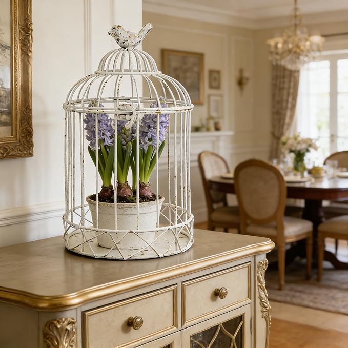 Vintage Birdcage Planter, 11.8" H Rustic Farmhouse Metal Plant Holder, Distressed White Decorative Candle Holder for Wedding Centerpieces, Garden Patio Indoor Outdoor Home Decor