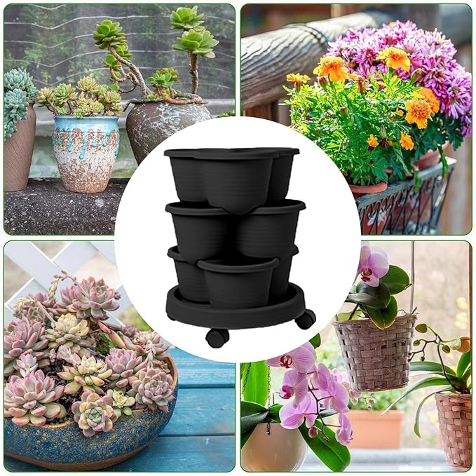 Stackable Planter - Vertical Garden Tower Stackable Planter | Vegetable Tower, Container with Removable Wheels & Tool Kit, Flower Pots Plant Growing System for Indoor Outdoor
