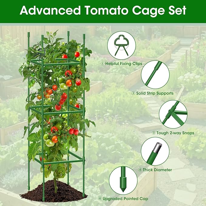 6 Pack Tomato Cages for Garden, Up to 55Inch Square Tomato Plant Cage, Upgraded Hexagon Connector, Heavy Duty Adjustable Tomato Stake Support for Garden Climbing Vegetables Flowers Fruits