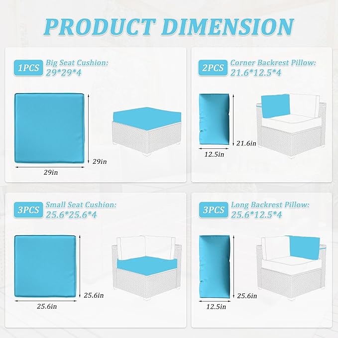 Patio Furniture Cushions, Replacement Outdoor Cushions for 4-Seat Patio Furniture, Waterproof Cushions for Outdoor Sectional Sofa Couch, Lake Blue