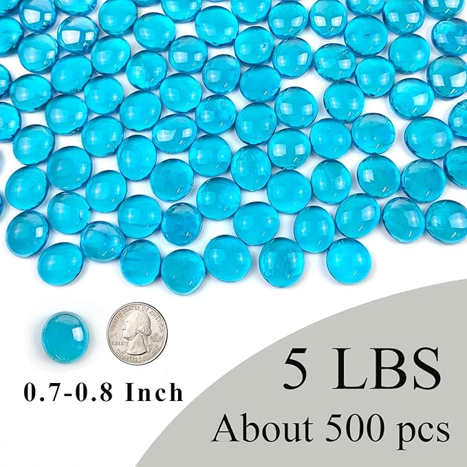 5Lb Blue Flat Glass Marbles for Vase Fillers, 500 PCS Glass Pebbles, Decorative Glass Rocks for Vase Fish Tank Candle Fountains Crafts Centerpieces Firepit and Home Decor