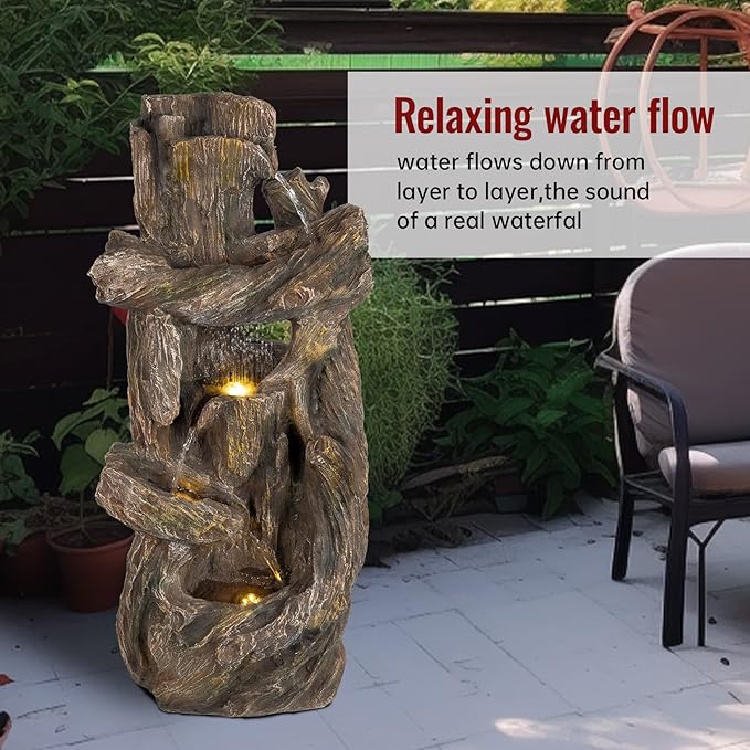 Ferrisland 5-Tiered Tree Trunk Large Water Fountain with LED Lights and Pump, 39.8" Tall Outdoor Freestanding Fountain, Realistic Wood Natural Looking Floor Resin Statue for Garden Patio & Backyard
