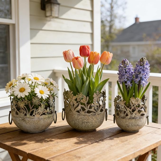 3 Piece Vintage Metal Pots Set,Rustic Distressed Garden Planter Plant Buckets with Handles Farmhouse Floral Containers for Indoor Outdoor Home Gardening Tabletop Centerpieces Wedding Decor Green