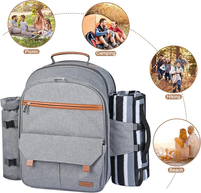 Sunflora Insulated Picnic Backpack for 2 Person Bag with Cooler Compartment, Wine Pouch, Blanket and Stainless Steel Cutlery Set for Couple, Lovers and Friends (Grey)