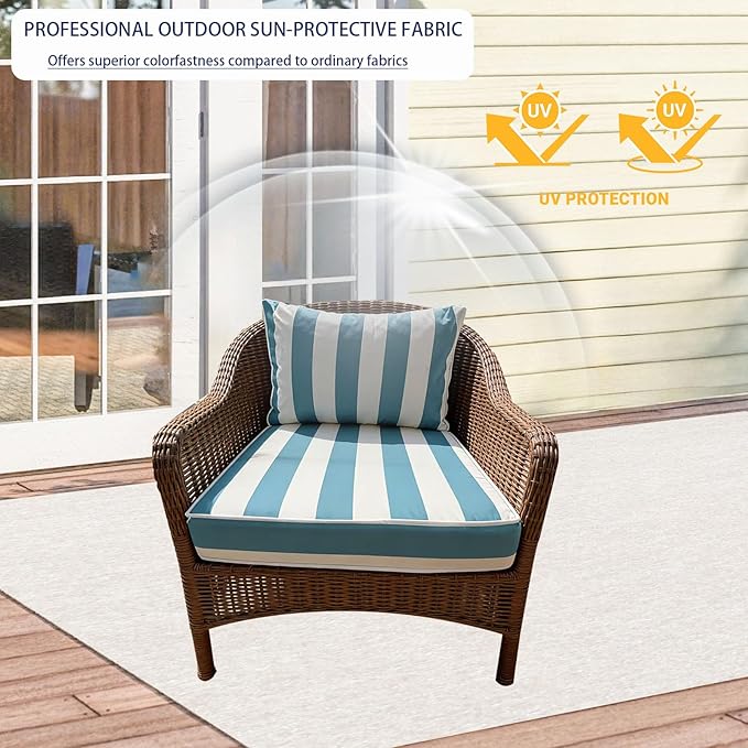 Outdoor Cushion Covers for Patio Furniture, Patio Cushion Covers Replacement with Zipper, Waterproof & Fade Resistant,Only Cover (Lake Blue and White Stripes, 25.6Lx25.6Wx4H - Only Covers)