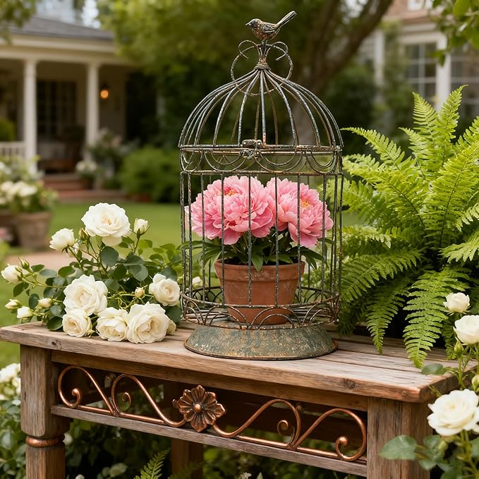 Rustic Farmhouse Metal Planter Holder Vintage Birdcage Distressed Deractive Plants Stand for Wedding Decor Party Centerpieces Garden Home Patio Outdoor Indoor Decor