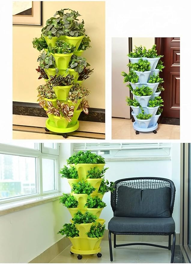 Tier Stacking Flower Pot Tower Stackable Vertical Plastic Garden Planter Vegetable Flower Strawberry Planter Pot Grow Fresh Herbs Indoor Outdoor,Green