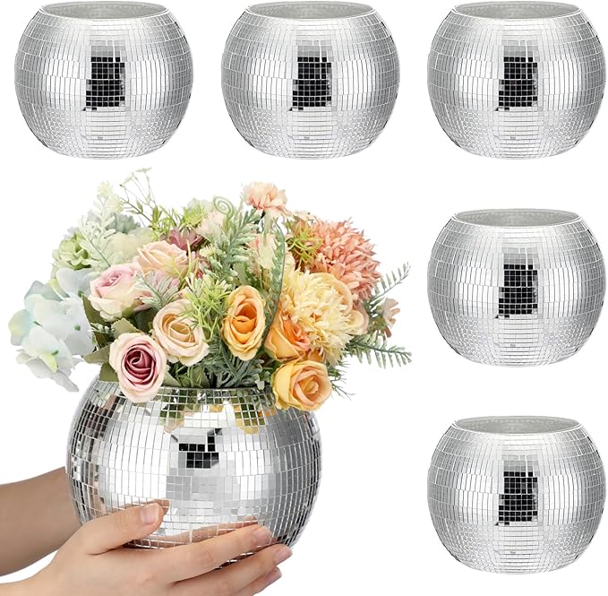 Inbagi 6 Pcs Disco Ball Planter Disco Ball Vase Centerpieces Mirror Glass Flower Vase Decor Candle Holder Bulk for Wedding Birthday Party Bedroom Kitchen Office(5.5 x 7 Inch,Silver)