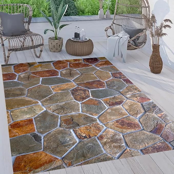 Rustic Distressed Grey Brown Rock Stones Texture 6x9 Outdoor Area Rug for Garden Backyard Balcony Patio Camping Deck Pool Floor Mats Non Slip Washable Waterproof Thin Indoor Outside Carpets