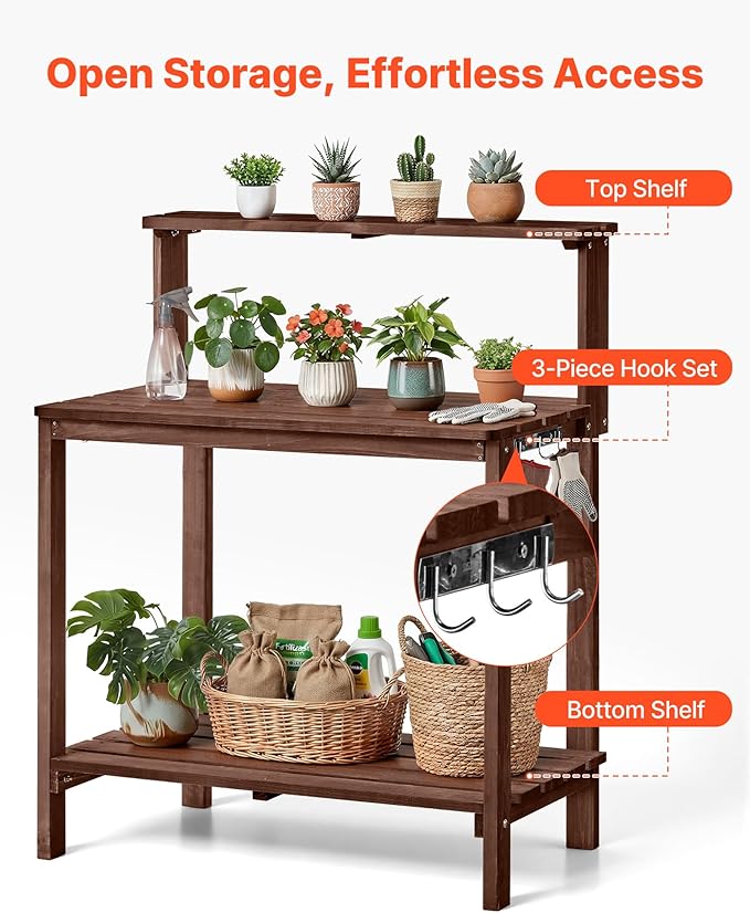 VEVOR Potting Bench Table, Outdoor Gardening Workstation with 36 x 20 in Wood Tabletop, Garden Planting Work Station with Storage Shelves, Hook for Outside Patio, Backyard, Brown