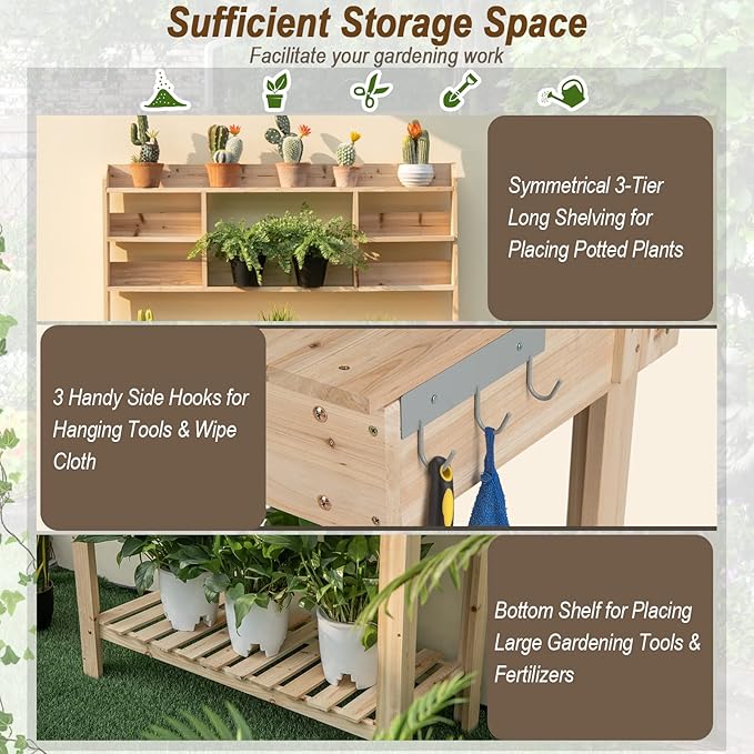 Giantex Garden Potting Bench Table, Large Workbench Table with Shelves, Openable Tabletop Hidden Storage Cabinet, 3 Hooks, Outdoor Wooden Workstation for Patio Garden Garage, 43.5"x19.5"x 60.5"