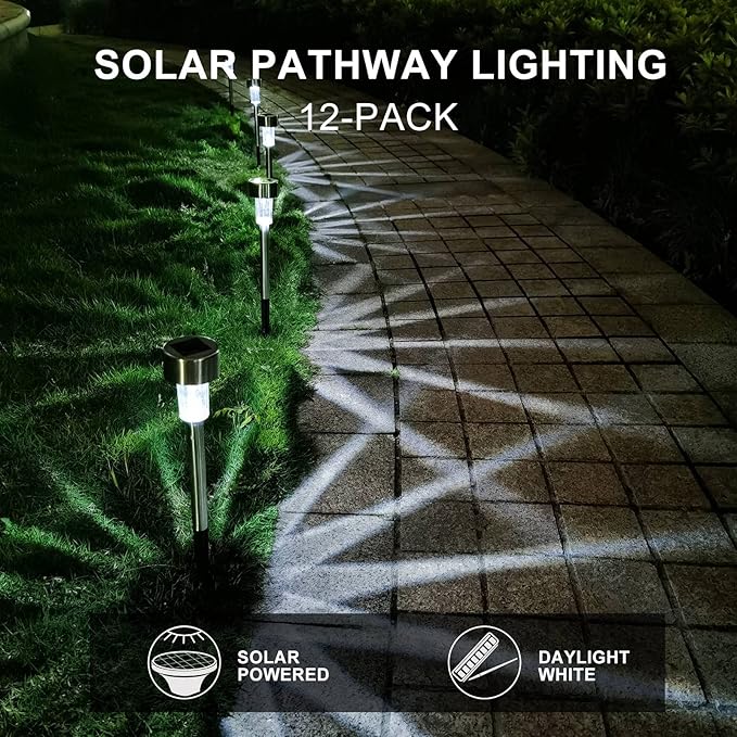 Solar Lights Outdoor Waterproof, Stainless Steel LED Landscape Lighting, Solar Garden Lights, Outdoor Valentines Day Decorations for Yard, Pathway, Walkway, Patio, Lawn - 12 Pack ( Cold White )