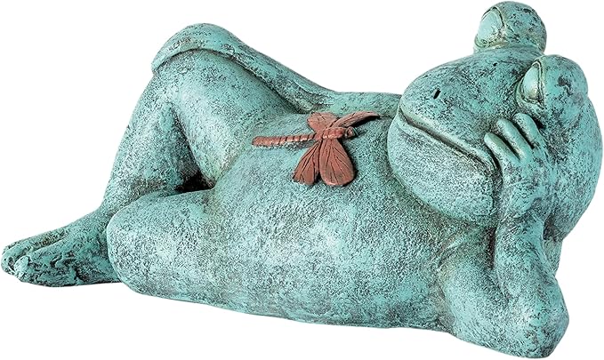 Alpine Corporation 7" Tall Indoor/Outdoor Sleeping Frog with Dragonfly Garden Statue Decoration