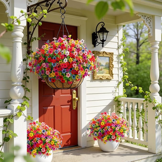 SHareconn 24 Bundles Artificial Flowers for Outdoors Spring Decoration, Fake Silk Realistic Faux Plants UV Resistant for Outside Planter Porch Patio Summer Indoor Decor, RedRosePurpleYellowPinkBlue