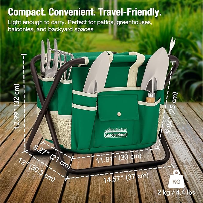 GardenHOME 7-Piece Green Gardening Tool Set – Stainless Steel Tools with Wooden Handles, Folding Stool & Canvas Tote, Durable Garden Kit for Women and Beginners