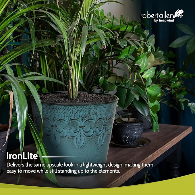 Headwind Ironlite Fleur De Lis Collection – 6" Surf Blue Decorative Planter with Drain Plug – Lightweight Metal Garden Pots for Indoor & Outdoor Planters Use by Robert Allen
