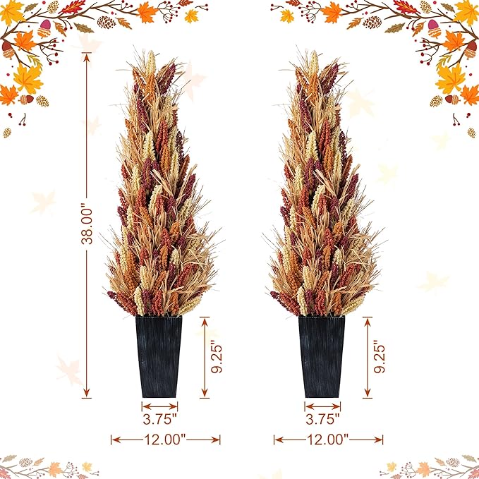 Glitzhome 2 PCS 38”H Fall Porch Tree, Artificial Sorghum Porch Tree Harvest Decoration with Black Planter, Indoor/Outdoor Seasonal Decor for Porch, Garden, Entryway