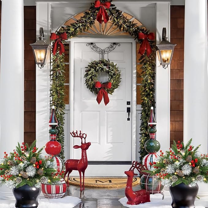 Outdoor Urn Filler, Set of 2 Lighted Outdoor Christmas Tree, Battery Operated Christmas Porch Decorations for Driveway, Yard, Garden, Flower Beds