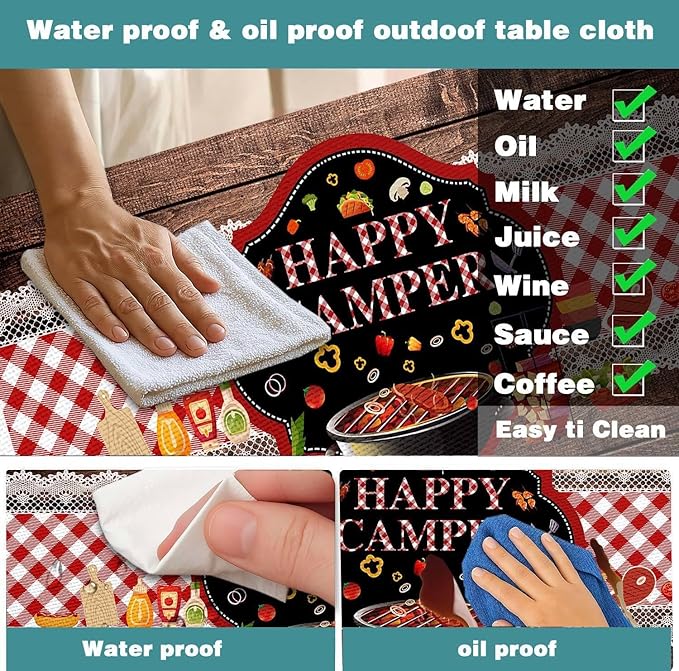 Happy Camper Picnic Table Cover with Bench Covers Elastic Edges, Wooden Red Plaid Fitted Table Cover, Outdoor Patio Camping Essentials 60 Inch 3PCS, Waterproof Fitted Tablecloth with Drawstring Bag