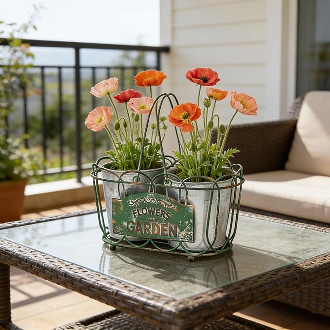 Vintage 2-Piece Metal Planter Set, Distressed Green Iron Wire Basket with Flowers Garden Sign, Rustic Farmhouse Plant Pots for Tabletop, Window Sill & Balcony Decor