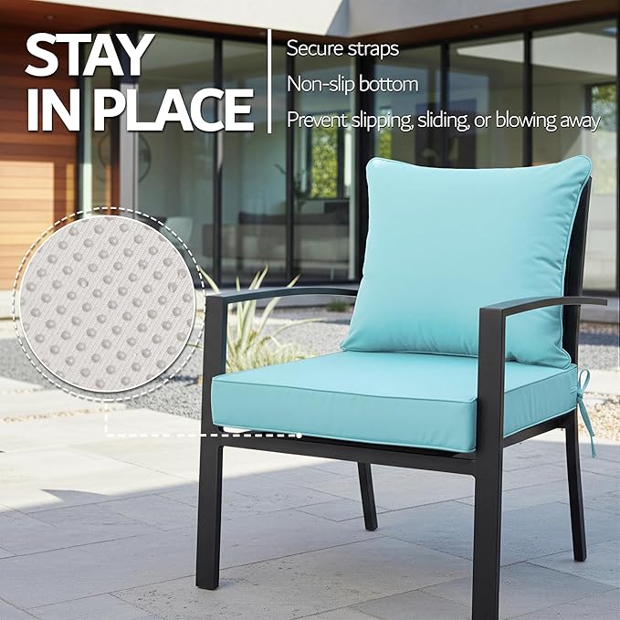 24x24 Inch Outdoor Chair Cushions Set of 2, Patio Furniture Cushions - Removable Cover, Water-Repellent, Fade-Resistant, Non-Slip Bottom & Straps, Replacement for Deep Seat Sofa & Couch - Light Blue
