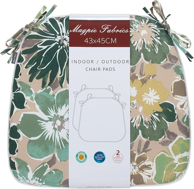 Magpie Fabrics 17"x16"x2" U-Shape Chair Cushions with Ties 4 Count, Outdoor Indoor Waterproof All Weather Seat Pads Decoration for Patio Garden Dining Office - Green Floral