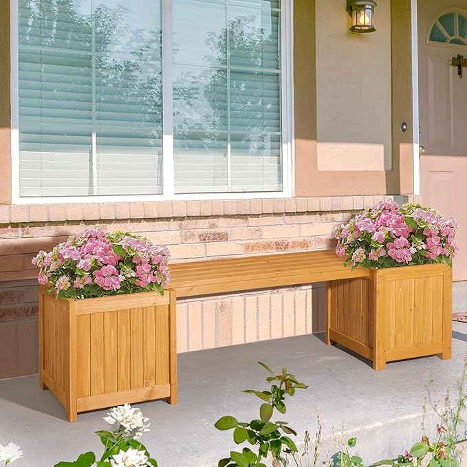 VINGLI Outdoor Wood Bench with Planter Boxes, 2-in-1 All-Weather Porch Bench Seat ＆ Open-Ended Wooden Raised Garden Bed, for Balcony Yard Patio (2 Boxes)