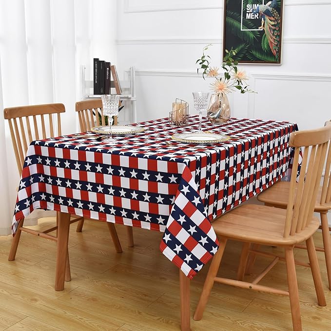Waterproof Patriotic Tablecloth Fabric - Oblong 52x70 Inch Independence Day Buffalo Tartan Table Cloth for Indoor/Outdoor Use - Washable Tabletop Cover for Dinner, BBQs, and Parties