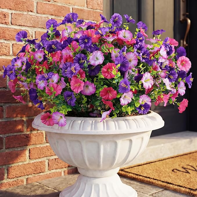 12Pcs Artificial Outdoor Flowers for Outdoors, Faux Silk Realistic Morning Glory Floral Arrangement Planter UV Resistant for Porch Patio Window Box Balcony Garden Decor (12pcs Mixed Purple)