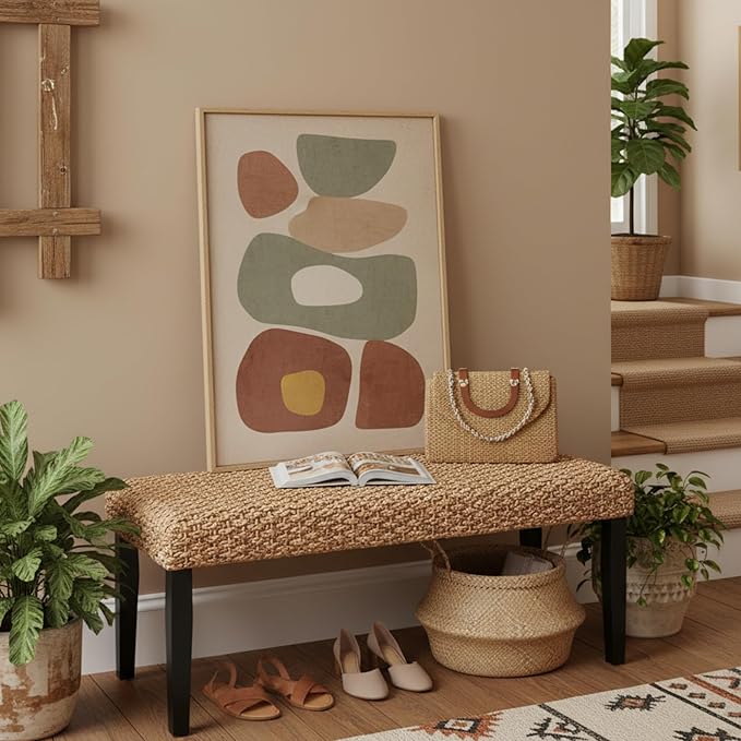 Solid Wood Acacia Indoor Bench with Natural Woven Seat, Boho Bench Entryway, Wood Bench for Living Room, Dining Benches, Wooden Bench for Bedroom, Entryway (Black Leg, Water Hyacinth)