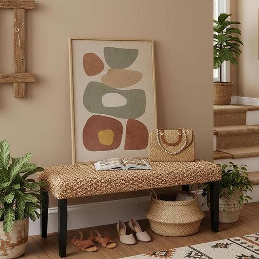 Solid Wood Acacia Indoor Bench with Natural Woven Seat, Boho Bench Entryway, Wood Bench for Living Room, Dining Benches, Wooden Bench for Bedroom, Entryway (Black Leg, Water Hyacinth)