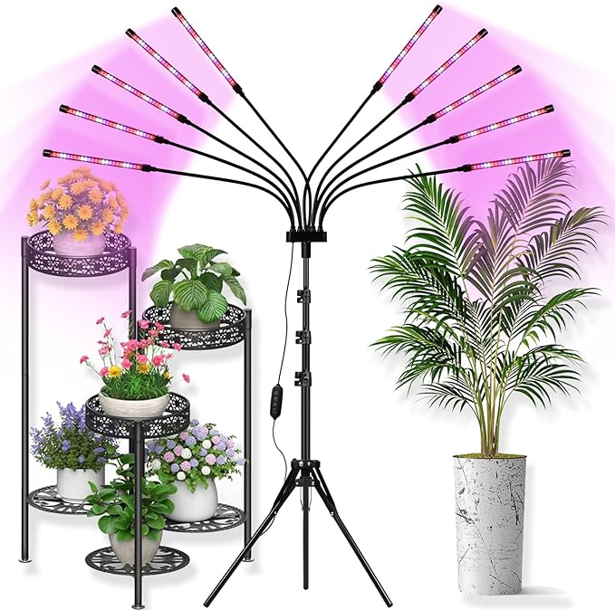 Grow Lights for Indoor Plants 8 Heads, Full Spectrum Plant Lights for Indoor Growing with Tripod Stand, Auto On/Off Timing 4/8/12H, LED Grow Lights for Indoor Plants. (10 Arms Mix Spectrum)