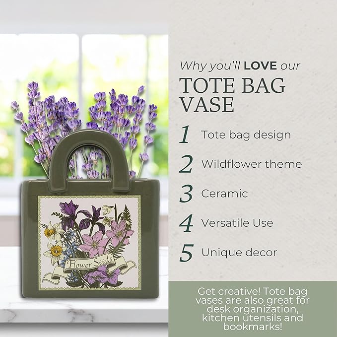 Steel Mill and Co Mini Ceramic Tote Bag Vase, Novelty Wildflower Garden Shop Planter, Unique Desk Pen Holder & Pencil Cup, Small Succulent Pot & Home Decor (Wildflowers)