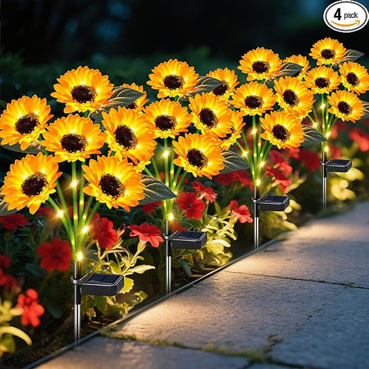 Sunflower Solar Lights Outdoor Decor, 4 Pack Solar Garden Decor 24 Waterproof Solar Sunflower Outdoor Lights for Garden Patio,Flower Bed, Pathway, Gift for Women, Mom, Grandma