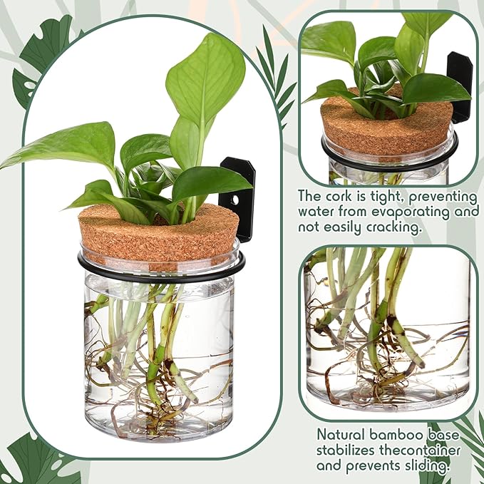 Baderke 6 Set Wall Plant Holder with Plastic Propagation Vases Hanging Planter Wall Mounted Set for Plants Growing in Water Hydroponic Artificial Plants Indoor Decor (3.54" X 4.33",Stylish)