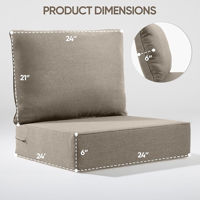 6" Thick Outdoor Cushion, 24*24*6" Patio Furniture Cushions with Waterproof Patio Furniture Cushions with Removable Cover, 28D High Density Patio Cushion for Outdoor Furniture, Gray-6pcs
