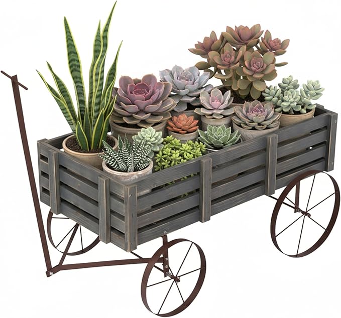Shine Company Decorative Buckboard Wagon Garden Planter, Wooden Wagon Yard Décor for Outdoor Plants, Gray