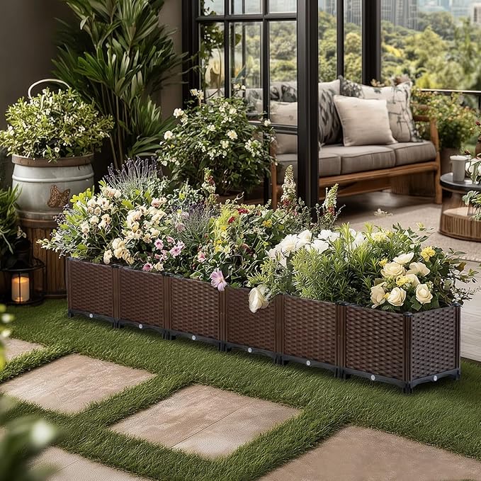 Large Rattan Planter Outdoor-Elevated Garden Box with Drain Outlet 95"L x 16"W x 15"H, Self Watering Raised Garden Beds Deep Elevated Planter Box for Vegetables, Flowers, Herbs Standing Gardening Kit