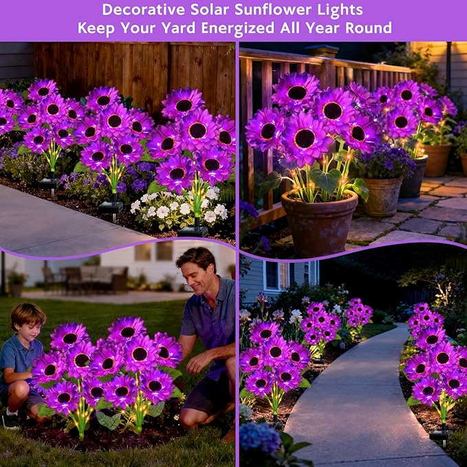 Solar Sunflower Lights Outdoor Garden Decor, 3 Pack Solar Purple Flowers Lights with 18 Sunflowers, Waterproof Fall Decor Stake Decorative Light Auto ON/Off for Garden Yard Patio, Gift for Women
