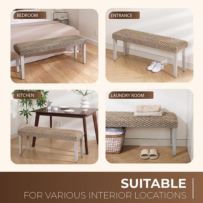 Solid Wood Acacia Bench with Natural Woven Seat, Boho Bench Entryway, Entry Bench Seat, Wood Bench for Living Room, Porch Lawn Garden Yard or Entryway (Grey Leg, Water Hyacinth)