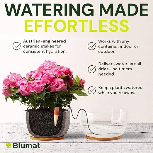 Blumat Classic Self-Watering Stakes - Automatic Drip Irrigation System for Indoor Plant Watering & Outdoor - Water Drip Solution for Potted Plants - Slow Release Stakes, 3 Pack, w Adapter