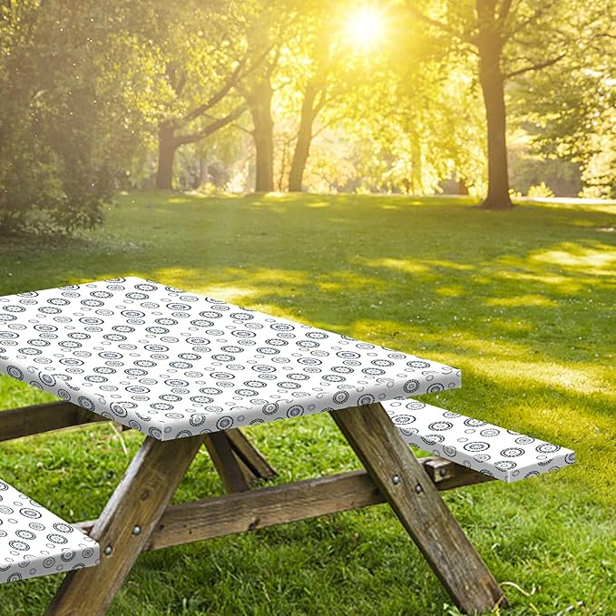 KENOBEE 8ft Picnic Table and Bench Cover, Camping Essentials RV Gear, 96 in Waterproof Windproof Outdoor Elastic All Around Tablecloth, Fitted Rectangle Tables and Seats, Blue Flywheel
