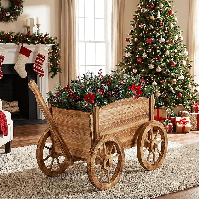 Giantex Wood Wagon Planter Set of 2, Rustic Rolling Flower Pot Stand with Wheels, Handle & Drainage Hole for Growing Vegetables Herbs, Indoor Outdoor Decorative Cart for Patio Balcony Garden