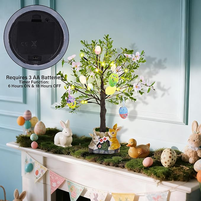 DR.DUDU Lighted Easter Tree 23.5 Inch - Pre-Lit Easter Decorations for Table with Eggs & Bunny Pot, Spring Trees Centerpiece with Lights for Dining Room, Home, Mantel, Office Décor