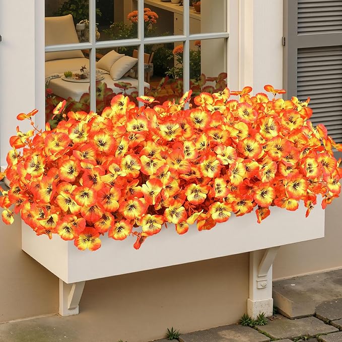 Alupssuc 40 Bundles Artificial Fall Flowers for Outdoors Autumn Decorations, Fake Big Pansies Silk Plants UV Resistant Realistic Faux Flowers Plants for Planter Porch Patio Window Decor, Autumn Orange