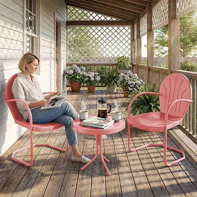 Patio Bistro Set Retro Metal Outdoor Seating Conversation 3 Pieces, 2 C-Spring Motion Armchairs and Round Side Table, for Porch, Lawn, Garden (Pink)